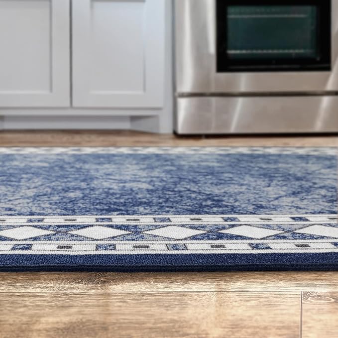 Antep Rugs Alfombras Modern Bordered 2x5 Non-Skid (Non-Slip) Low Profile Pile Rubber Backing Kitchen Area Rugs (Navy Blue, 2' x 5' Oval)