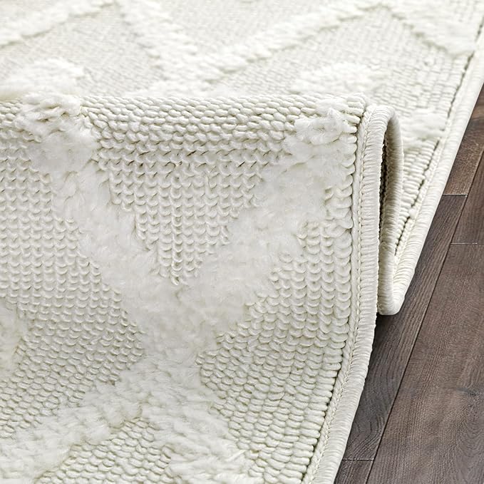 Antep Rugs Palafito 2x7 Geometric Shag Diamond High-Low Pile Textured Indoor Runner Rug (White, 2' x 7')