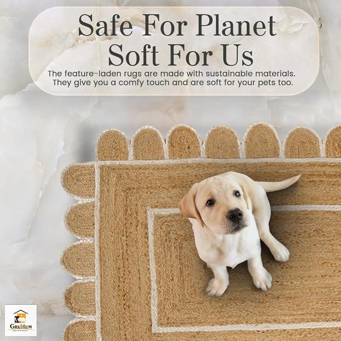 GRUHUM Scalloped Jute Area Rug 3x5ft Rectangle Natural Base Off White Trim Handwoven Boho Reversible Soft Braided Farmhouse Indoor EcoFriendly Living Room Bedroom Kitchen Hallways Enterways (Doormat)