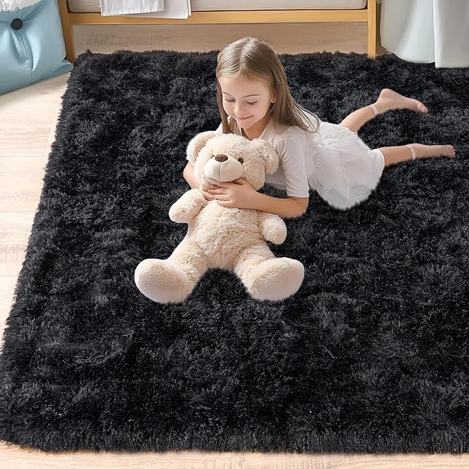 8x10 Rug for Living Room, Fuzzy Plush Large Area Rug, Fluffy Modern Shag Non Slip Soft Furry Carpet for Bedroom Kids Room Nursery Teens Dorm Home Decor, Black