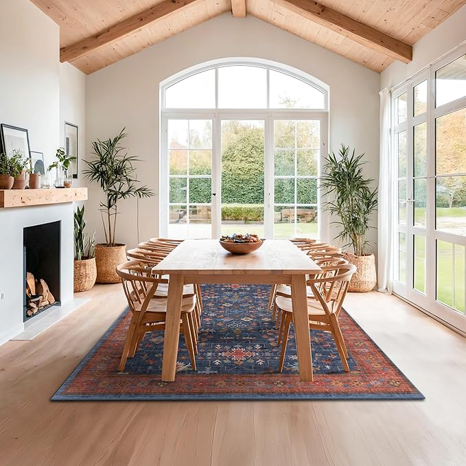 6x9 Dining Room Rugs for Under Table - Washable Area Rug for Living Room, Low Pile Non-Slip Rugs for Bedroom - Navy Blue & Terracotta Vintage Boho Eclectic Home Decor