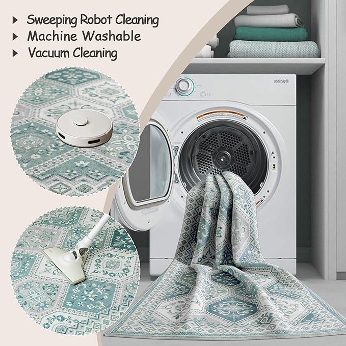 6x9 Washable Area Rug with Non-Slip Backing Low-Pile Soft Moroccan Printed Rug for Living Room Bedroom Dining Room- Teal