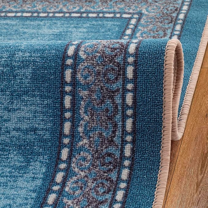 Antep Rugs Alfombras Bordered Modern 2x4 Non-Slip (Non-Skid) Low Pile Rubber Backing Kitchen Area Rug (Turquoise Blue, 2'3" x 4')