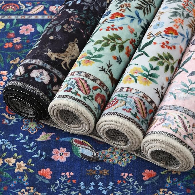 8x10 Area Rugs for Living Room Washable Rug Floral Non-Slip Large Rug for Living Room, Bedroom, Farmhouse, Dining Room, Kids Playroom(Blue)