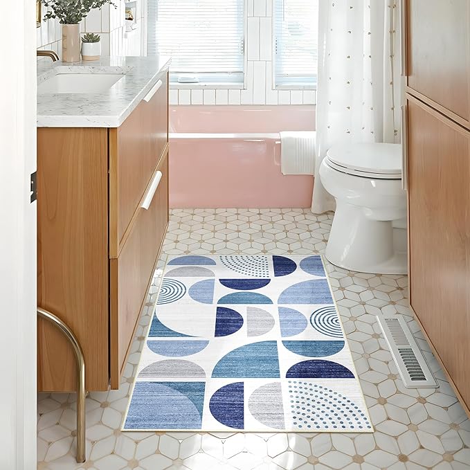 MUJOO Blue Small Rug Washable,2x3 Area Rugs for Entryway Bathroom Entry Entrance Bedroom Kitchen,Front Door Mat Boho Throw Carpet Non Slip Indoor Soft Modern Abstract Navy Blue