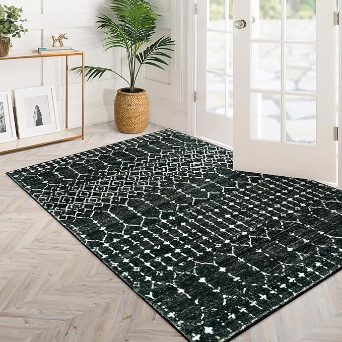 Lahome Moroccan Black Rug for Bedroom - Washable Area Rugs 4x6 Non-Slip Ultra-Thin Living Room Carpet Stain Resistant Throw Entryway Indoor Mat, Geometric Print Modren Carpet Rug for Office Kitchen