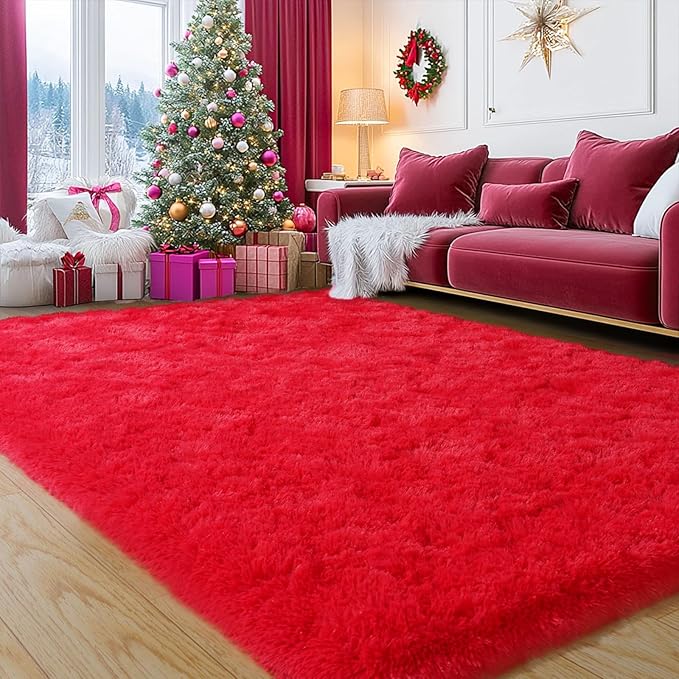 Red Fluffy Rug Plush Carpet for Bedroom Dorm, Non-Slip High Pile Rug, Shag Rug for Playroom Nursery Home Office Decor 9X12 Ft