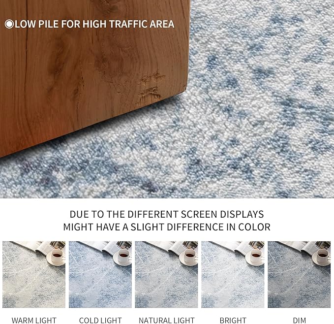 Area Rug 5x7 Machine Washable Rug Vintage Traditional Floor Cover Foldable Thin Retro Indoor Non Slip Carpet Floral Print Mat Bedroom Living Room Dining Room Office,Line Blue