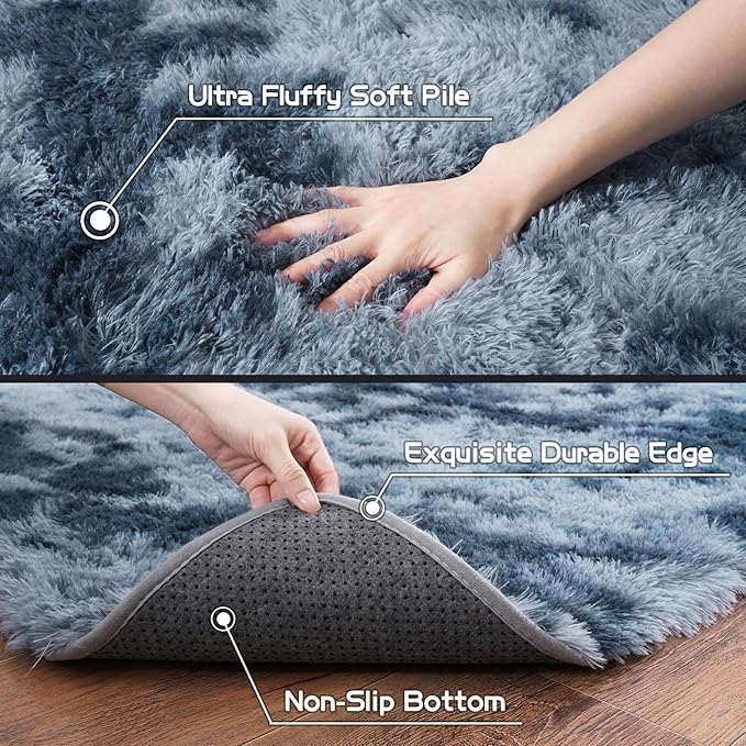 8x10 Rug for Living Room, Fuzzy Plush Large Area Rug, Fluffy Modern Shag Non Slip Soft Furry Carpet for Bedroom Kids Room Nursery Teens Dorm Home Decor, Blue Grey