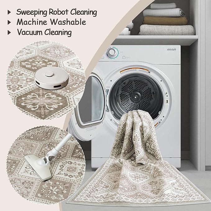 8x10 Washable Area Rug Non-Slip Low-Pile Moroccan Soft Printed Rug for Living Room Dining Room Bedroom Nursery Farmhouse- Blush/Pink/Beige