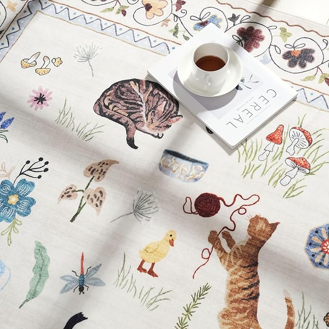 Door Mat Indoor Entrance 2x3 Rug Machine Washable Boho Floral Animal Cat Small Area Rug Non-Slip Low Pile Throw Rugs for Entryway Kitchen Front Door Indoor Entrance Entry Kids Room, Beige