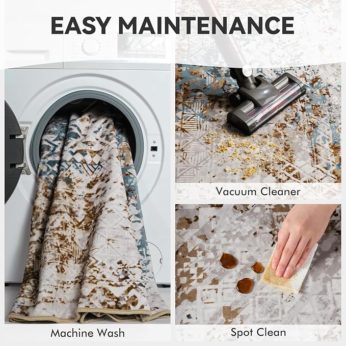 Area Rug 9x12 Nursery Rug for Living Room Rugs Washable Soft Stain Resistant Carpet for Bedroom Dining Room Playroom Abstract Modern Neutral Farmhouse Boho Moroccan Rugs Brown Teal