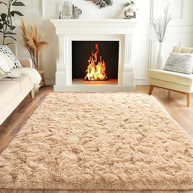 Fluffy Area Rug for Bedroom 4x6 Feet, Indoor Plush Carpet, Shag Soft Bedside Rug, Cute Comfy Furry Rug for Living Room Dorm Girls Boys Room Nursery Decor, Camel