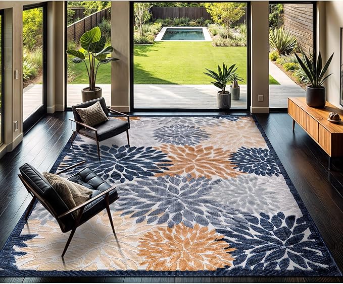 CAMILSON Indoor Outdoor Rug, Multicolor 9?셹12??Floral Exotic Tropical Area Rugs for Indoor and Outdoor patios, Easy-Cleaning Non-Shedding Living Room, Garden and Kitchen Washable Outside Carpet (9x12)