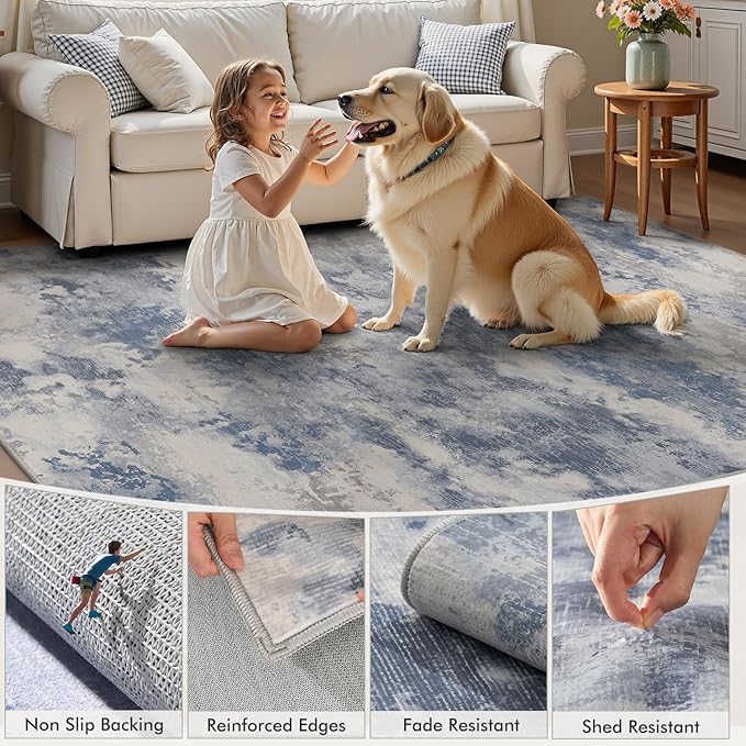 6x9 Washable Area Rugs for Living Room Rug-Carpet Modern Abstract Rugs for Bedroom Dining Room Office Contemporary Grey Blue Rug