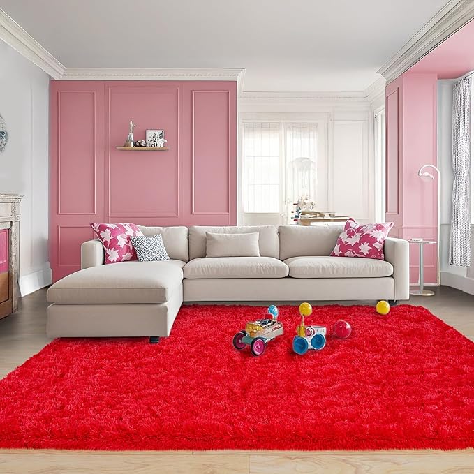 8x10 Rug for Living Room, Fuzzy Plush Large Area Rug, Fluffy Modern Shag Non Slip Soft Furry Carpet for Bedroom Kids Room Nursery Teens Dorm Home Decor, Red