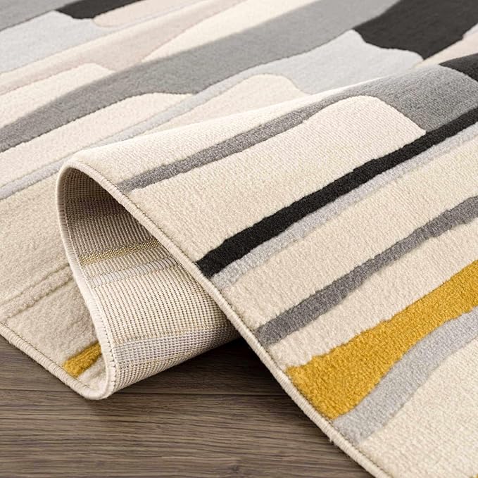 Hauteloom Means Modern Farmhouse Contemporary Door Mat Multicolor Small Area Rug - Colorful Rainbow Striped Modern Rug Carpet - Black, Gray, Yellow - 2' x 3'