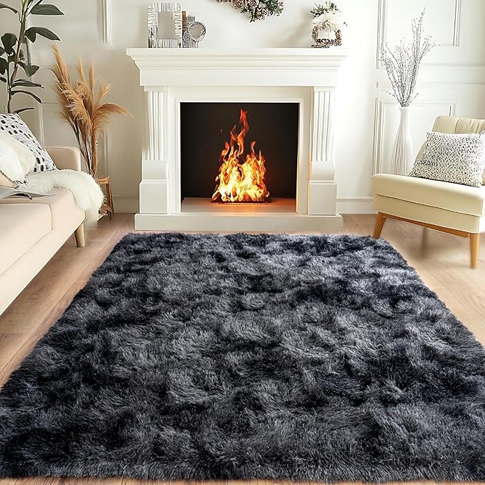 Fluffy Area Rug for Bedroom 4x6 Feet, Indoor Plush Carpet, Shag Soft Bedside Rug, Cute Comfy Furry Rug for Living Room Dorm Girls Boys Room Nursery Decor, Dark Grey