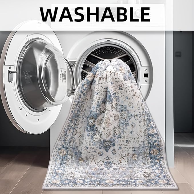 Area Rug 5x7 Machine Washable Rug Vintage Traditional Floor Cover Foldable Thin Retro Indoor Non Slip Carpet Floral Print Mat Bedroom Living Room Dining Room Office,Numerous Flower Blue