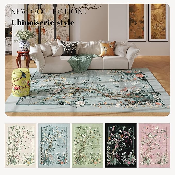 4x6 Rug Chinoiserie-Style Floral Vintage Washable Area Rugs Non Slip Low Pile Small Carpet for Bedroom, Bedside, Kids Room, Office, Dining Room, Blue