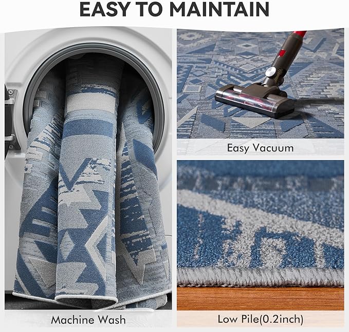 3D Boho Area Rugs 8x10 for Living Room Rug for Bedroom Dining Room Office Large High-Low Pile Woven Carpet with Durable Non Shedding Geometric Neutral Blue White