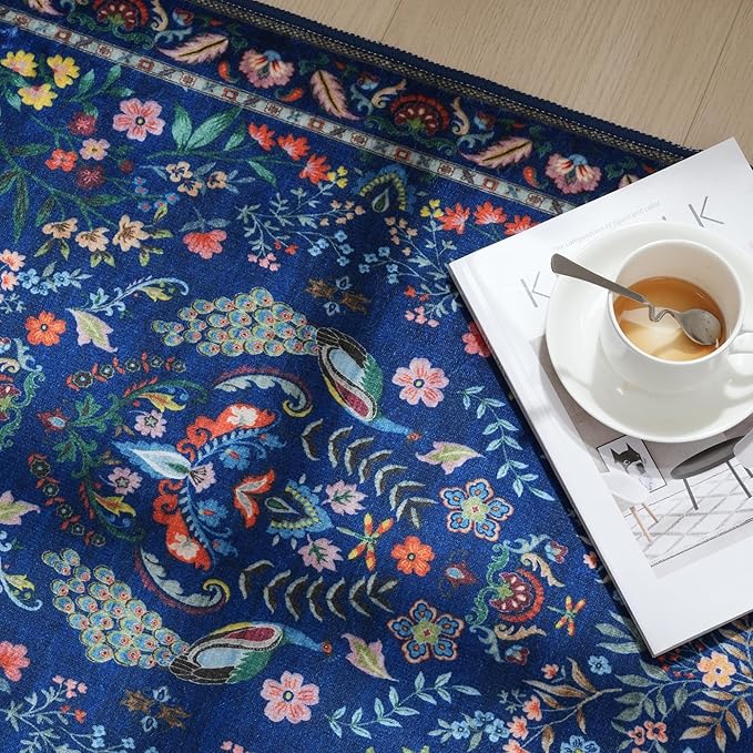 9x12 Area Rugs for Living Room Washable Rug Floral Non-Slip Large Rug for Living Room, Bedroom, Farmhouse, Dining Room, Kids Playroom (Blue)