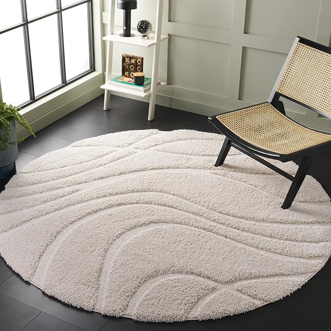 SAFAVIEH Florida Shag Collection Area Rug - 11' Round, Creme & Creme, Striped Design, Plush 1.2-inch Thick, Ideal for High Traffic Areas in Living Room, Bedroom, Dining (SG471-1111-11R)