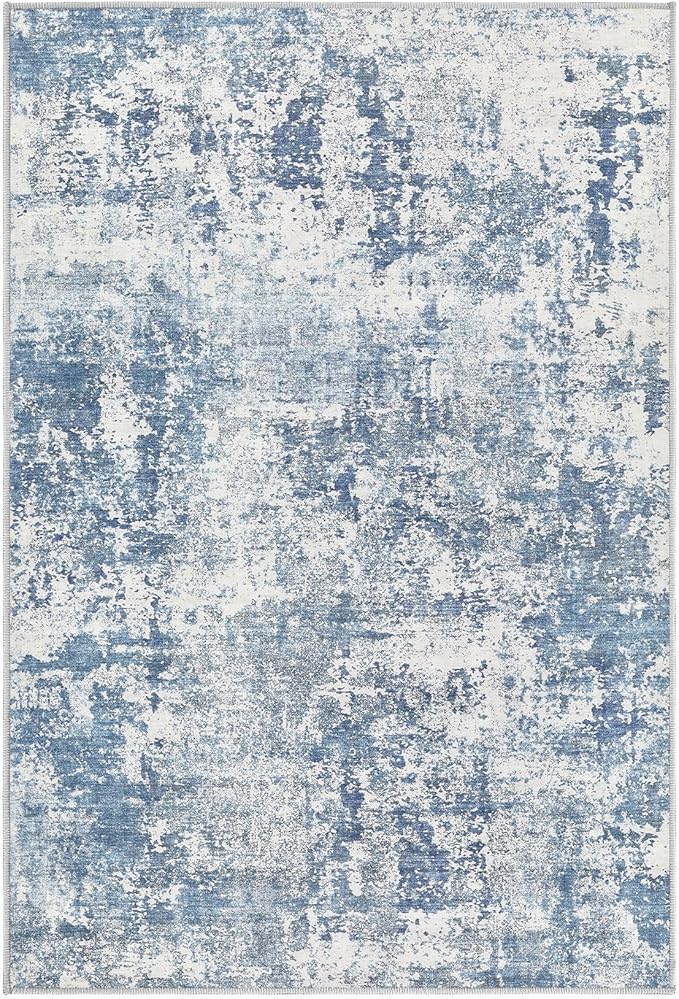 2x3 Entryway Area Rug: Washable Neutral Modern Abstract Small Rug - Non-Slip Low Pile Throw Indoor Carpet for Entrance Kitchen Front Door Mat Bathroom Entry Kids Room - Blue White