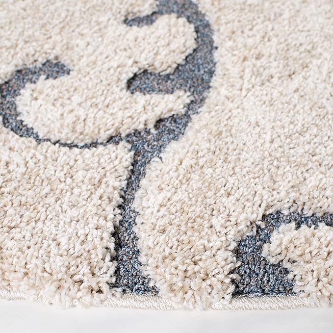 SAFAVIEH Florida Shag Collection Area Rug - 9' Round, Beige & Blue Grey, Scroll Design, Non-Shedding & Easy Care, 1.2-inch Thick Ideal for High Traffic Areas in Living Room, Bedroom (SG455-1155)