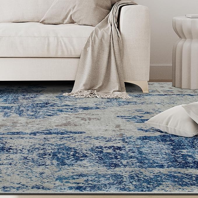 9x12 Area Rugs for Living Room Rug Washable: Abstract Large Rug for Dining Room Bedroom Carpet Non Slip 9 by 12 Indoor Modern Nursery Home Office Blue Grey White
