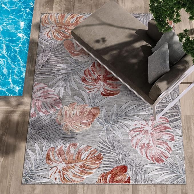 CAMILSON Indoor Outdoor Rug, Multi Color 6?셹9??Leaf Tropical Botanical Area Rugs for Indoor and Outdoor patios, Easy-Cleaning Non-Shedding Living Room, Garden and Kitchen Washable Outside Carpet (6x9)