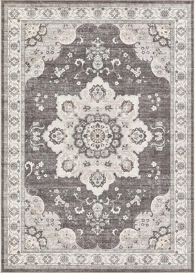 Area Rug for Living Room - 5x7 Soft Washable Oriental Vintage Floral Distressed Large Carpet - Fade Stain Resistant Non Slip Rugs for Bedroom Dining Room Nursery Dorm Office Home Decor - Brown/Grey