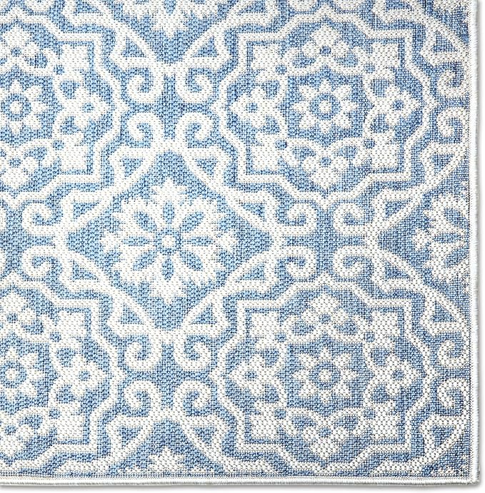 Nicole Miller New York Patio Country Julia Transitional Geometric Indoor/Outdoor Area Rug, Blue/Grey, 9'2"x12'5"