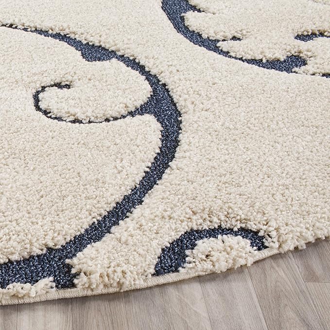 SAFAVIEH Florida Shag Collection Area Rug - 5' Round, Cream & Blue, Scroll Design, Non-Shedding & Easy Care, 1.2-inch Thick Ideal for High Traffic Areas in Living Room, Bedroom (SG455-1165)
