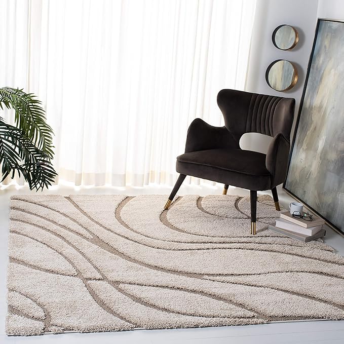 SAFAVIEH Florida Shag Collection Area Rug - 12' Square, Cream & Beige, Striped Design, Plush 1.2-inch Thick, Ideal for High Traffic Areas in Living Room, Bedroom, Dining (SG471-1113-12SQ)