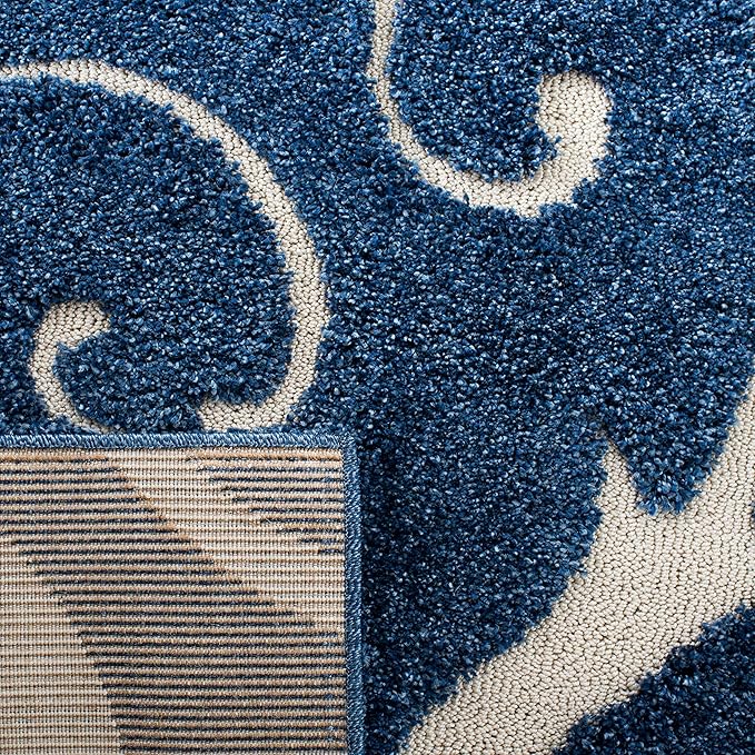 SAFAVIEH Florida Shag Collection Area Rug - 6'7" Square, Dark Blue & Cream, Scroll Design, Non-Shedding & Easy Care, 1.2-inch Thick Ideal for High Traffic Areas in Living Room, Bedroom (SG455-6511)