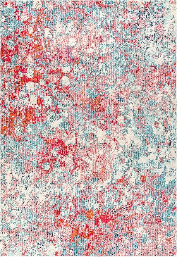 JONATHAN Y Modern Abstract Blue/Red Indoor Area Rug, 4x6, Contemporary POP, Transitional, Easy-Cleaning for Living Room, Bedroom, Kitchen, Pet Friendly, Non-Shedding (CTP108B-4)