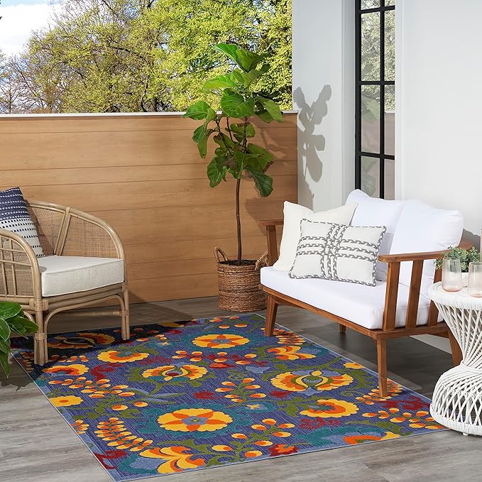 Nourison Home Aloha Indoor/Outdoor Modern Navy Multicolor 5'3" x 7'5" Area Rug, Easy Cleaning, Non Shedding, Bed Room, Living Room, Dining Room, Backyard, Deck, Patio (5x7)