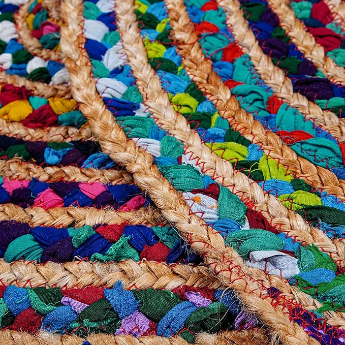 Craft Trade Hand Woven Jute Area Rug Multicolor Reversible Jute Area Rug Braided Farmhouse Living Room, Outdoor, Kitchen Bedroom Chindi Rug (2' x 3', Oval)