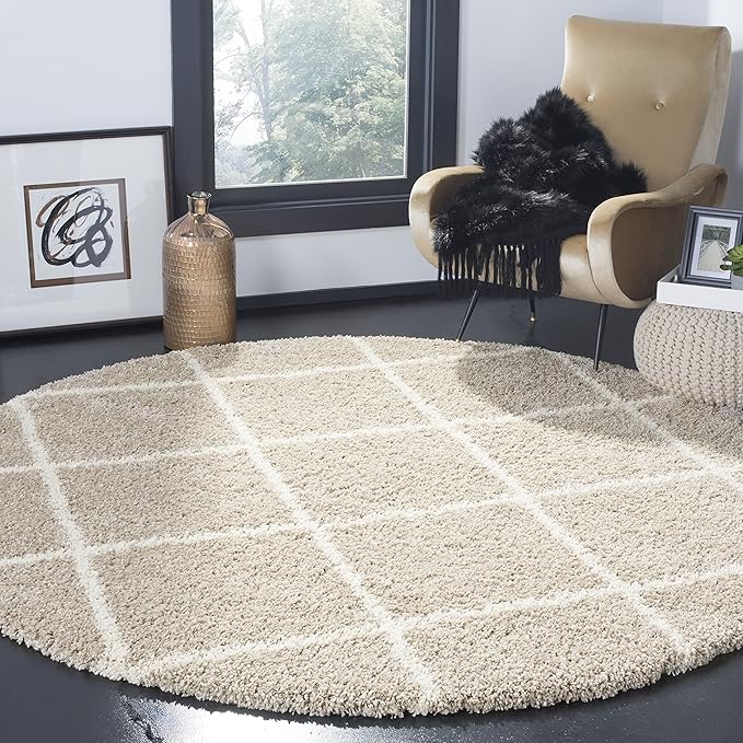 SAFAVIEH Hudson Shag Collection 9' Round Beige/Ivory SGH281S Modern Diamond Trellis Non-Shedding Living Room Bedroom Dining Room Entryway Plush 2-inch Thick Area Rug