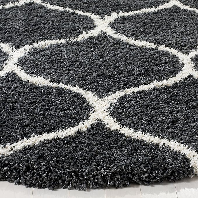 SAFAVIEH Hudson Shag Collection 7' Round Dark Grey/Ivory SGH280G Moroccan Ogee Trellis Non-Shedding Living Room Bedroom Dining Room Entryway Plush 2-inch Thick Area Rug