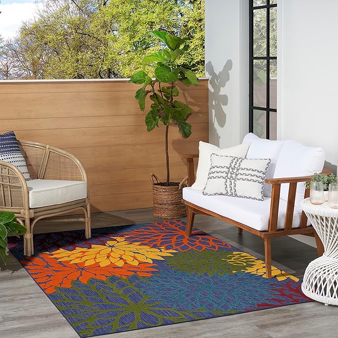 Nourison Aloha Indoor-Outdoor Navy Multicolor 3'6" x 5'6" Area Rug, Easy Cleaning, Non Shedding, Bed Room, Living Room, Dining Room, Backyard, Deck, Patio (4x6)