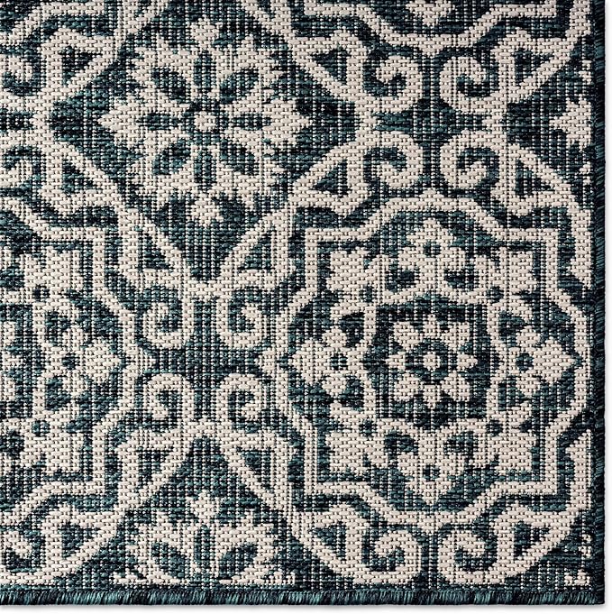 Nicole Miller New York Patio Country Julia Transitional Geometric Indoor/Outdoor Area Rug, Navy Blue/Ivory, 6'6"x9'2"