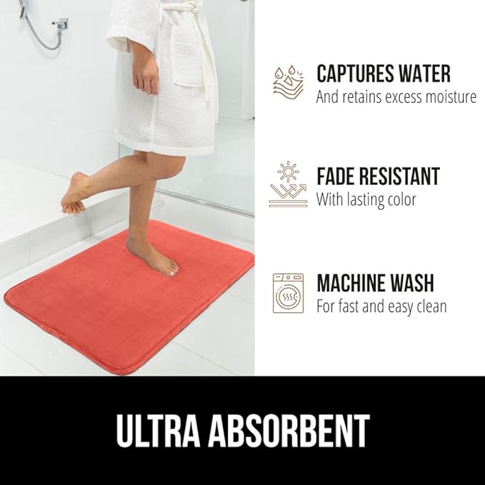 GORILLA GRIP Memory Foam Bath Mat, Soft Absorbent Velvet Bathroom Mats, Durable Dots on Underside, Machine Washable Bathmat, Carpet Rug Room Decor for Shower Tub Floor RV, 36x24 Rugs, Coral