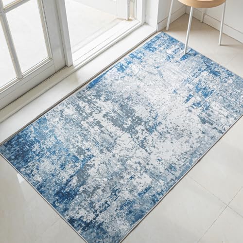 Area Rug 3x5 Machine Washable Rug Vintage Traditional Floor Cover Foldable Thin Retro Indoor Non Slip Carpet Floral Print Mat Bedroom Living Room Dining Room Office,Visus Blue