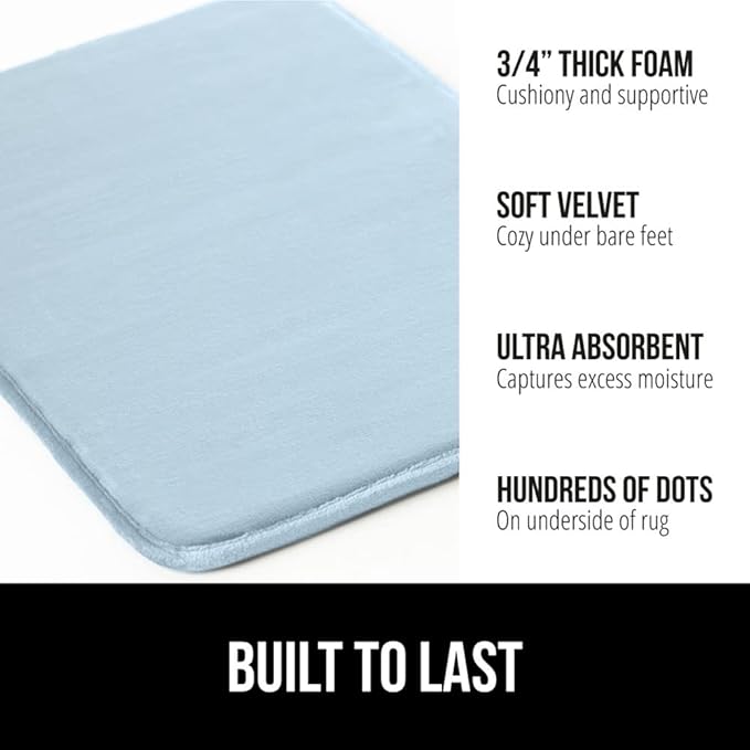 GORILLA GRIP Memory Foam Bath Rugs, Soft Absorbent Velvet Bathroom Mats, Durable Dots on Underside, Machine Washable Bathmat, Carpet Rug Room Decor for Shower Floor, 24x17 Mat, Light Blue