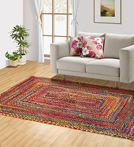 GRUHUM 8x10ft Jute Area Rug Natural Fibre Handmade Boho Farmhouse Soft Braided Chindi Rustic Vintage Rug for Indoor Kitchen Bedroom Living Room Hallways Enterways 8x10 feet Multicolor