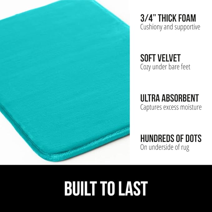 GORILLA GRIP Memory Foam Bath Rugs, Soft Absorbent Velvet Bathroom Mats, Durable Dots on Underside, Machine Washable Bathmat, Carpet Rug Room Decor for Shower Floor, 24x17 Mat, Turquoise