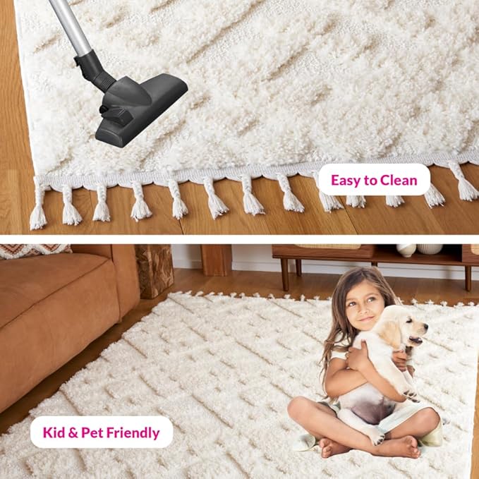 Safavieh Moroccan Tassel Shag Collection Area Rug - 5'3" Square, Ivory, Geometric Design, Plush 1.5 Inch Thick Ideal for High Traffic Areas in Living Room, Bedroom, Dining (MTS688C)