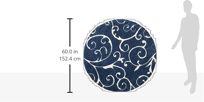 SAFAVIEH Florida Shag Collection 5' Round Dark Blue/Cream SG455 Scrolling Vine Graceful Swirl Textured Non-Shedding Living Room Bedroom Dining Room Entryway Plush 1.2-inch Thick Area Rug